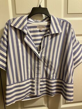 Banana Republic White and Blue Vertical Stripe Short-Sleeve Shirt